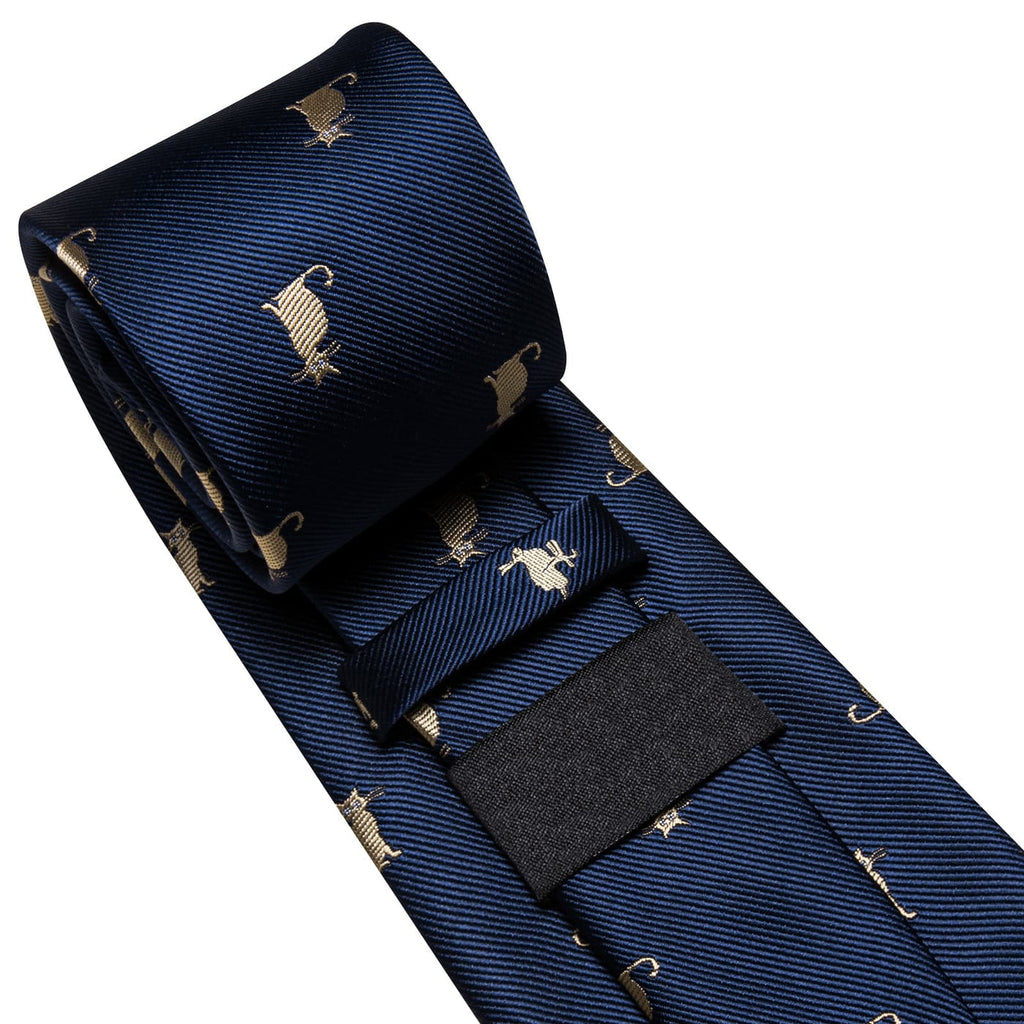 Navy Blue & Gold Cat Pattern Silk Tie Set - GentCrest - View 4