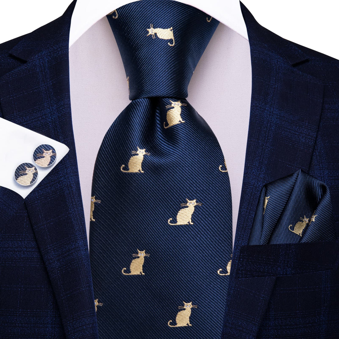 Navy Blue & Gold Cat Pattern Silk Tie Set - GentCrest - View 5