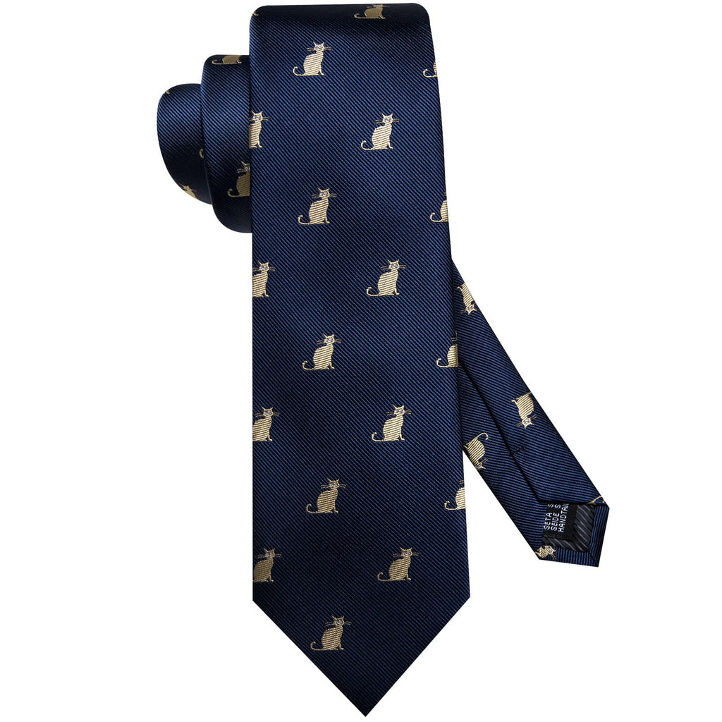 Navy Blue & Gold Cat Pattern Silk Tie Set - GentCrest - View 3