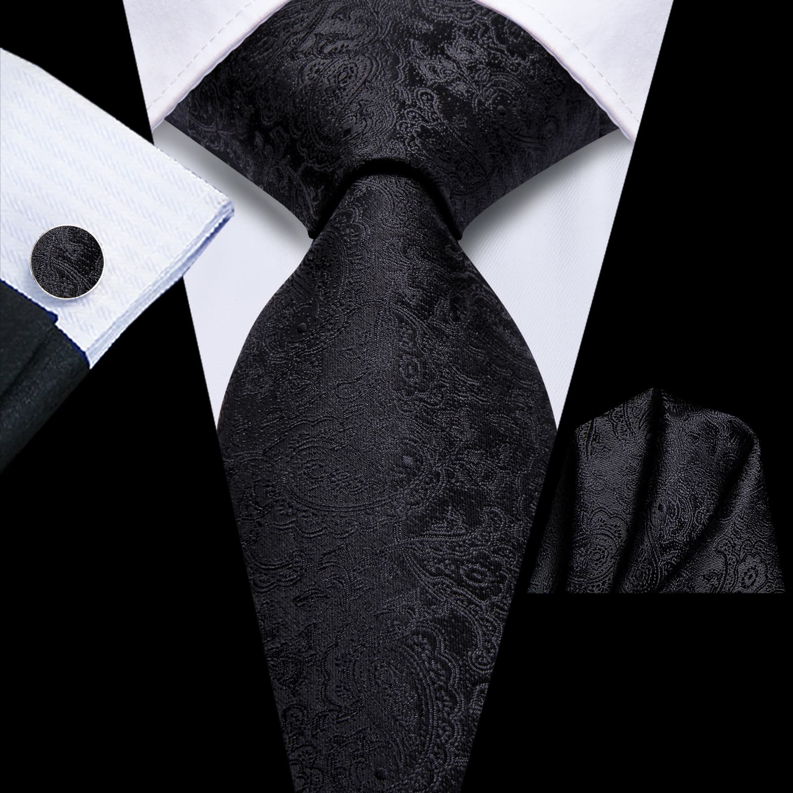 GentCrest Black Paisley Tie Hanky Cufflinks Set - Image 1