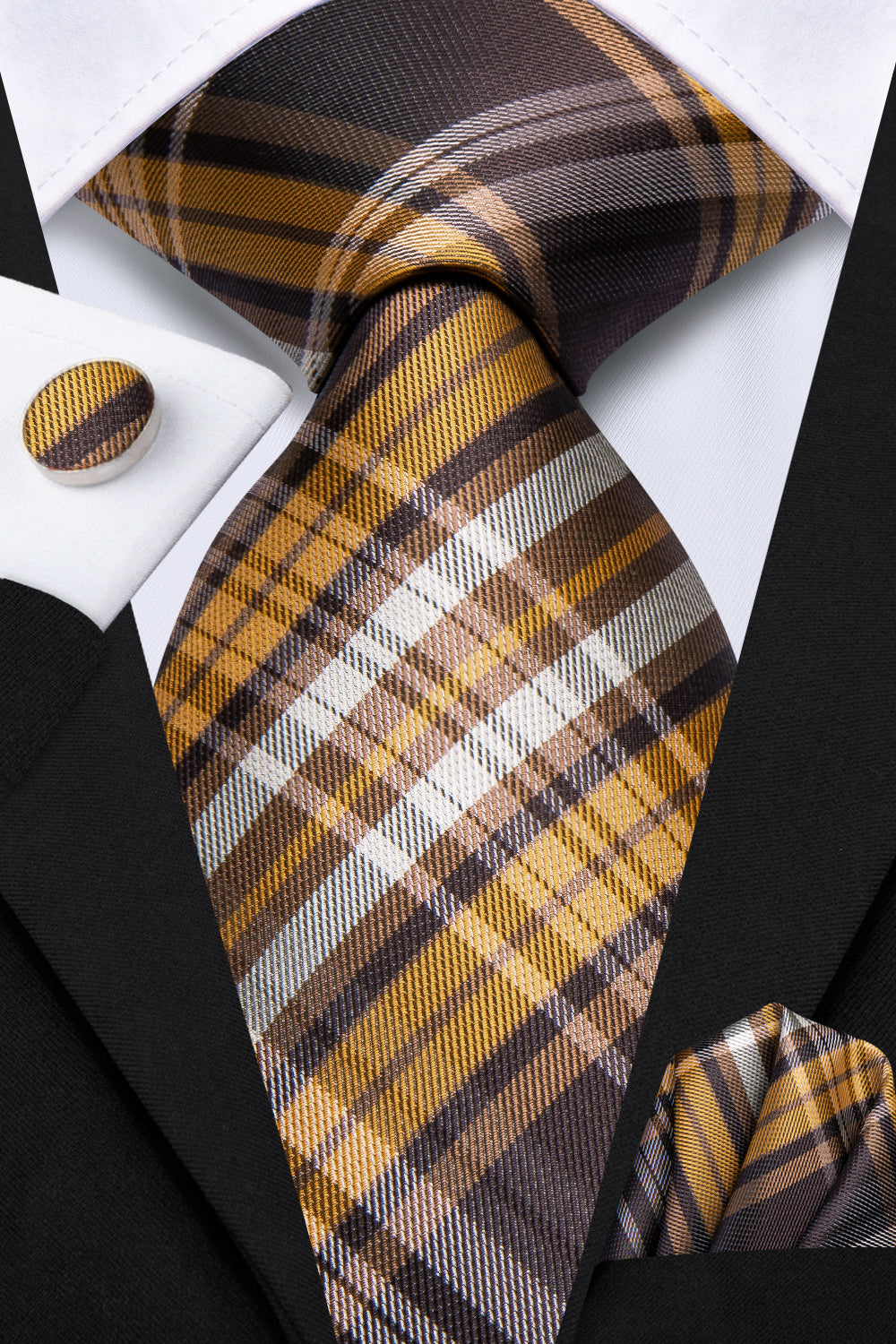 GentCrest Brown Plaid Tie Hanky Cufflinks Set - Image 2