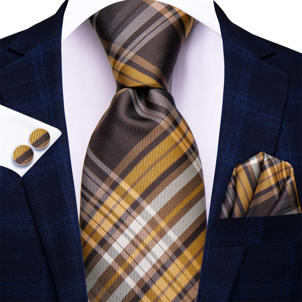 GentCrest Brown Plaid Tie Hanky Cufflinks Set - Image 1