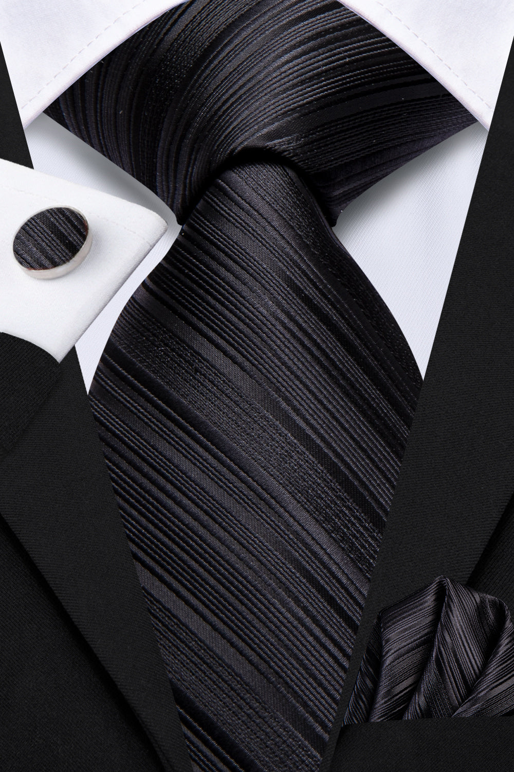 GentCrest Black Striped Tie Hanky Cufflinks Set - Image 2