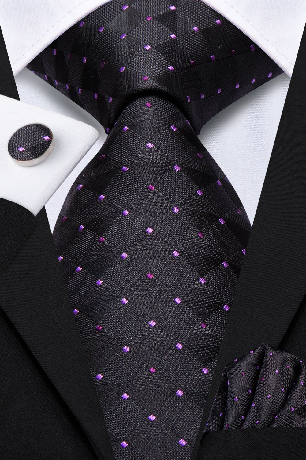 GentCrest Black Plaid Tie Hanky Cufflinks Set - Image 2