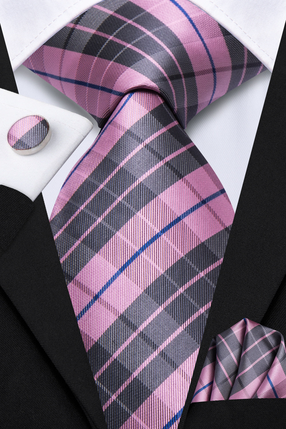 GentCrest Pink Plaid Tie Hanky Cufflinks Set - Image 2