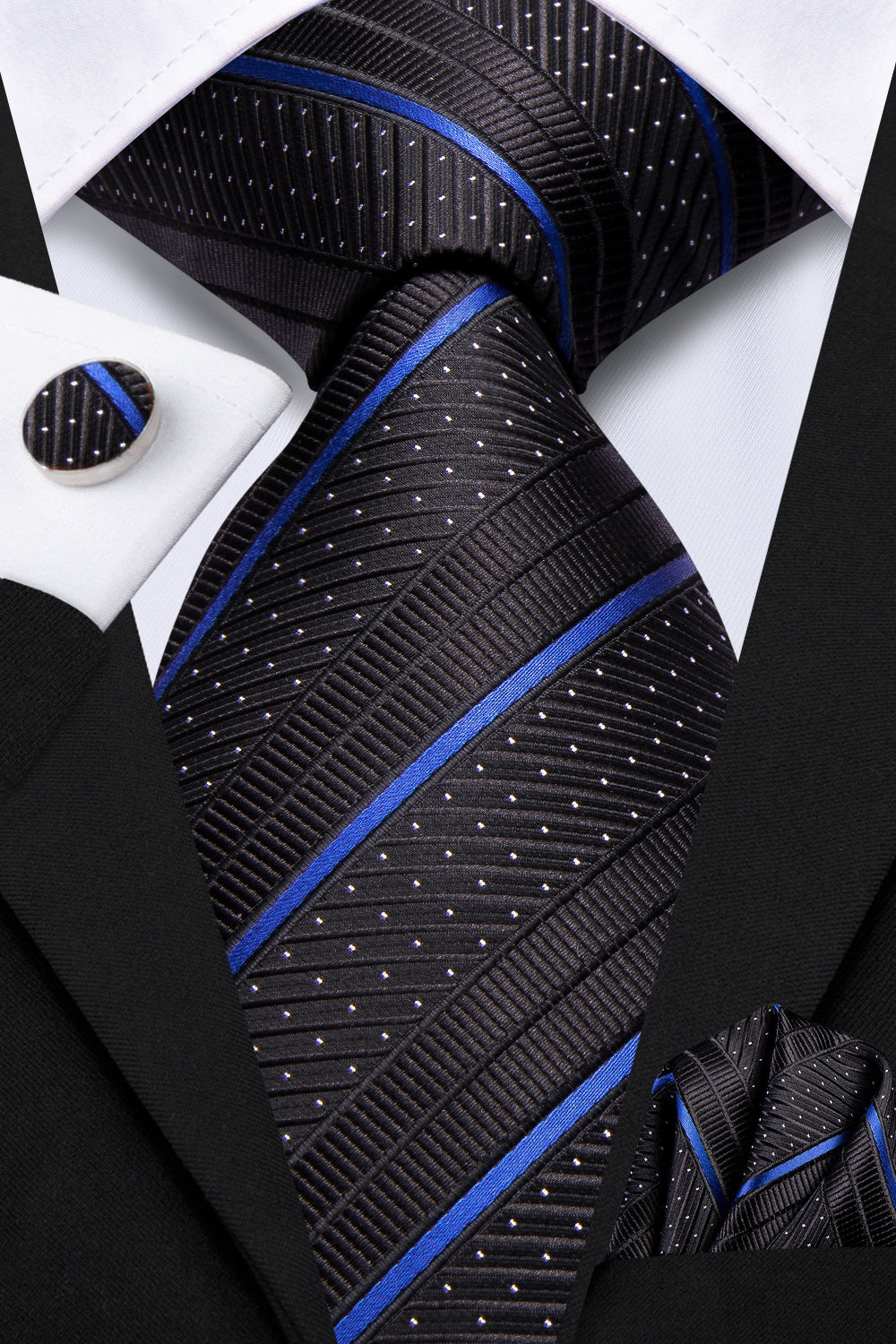 GentCrest Black Striped Tie Hanky Cufflinks Set - Image 2