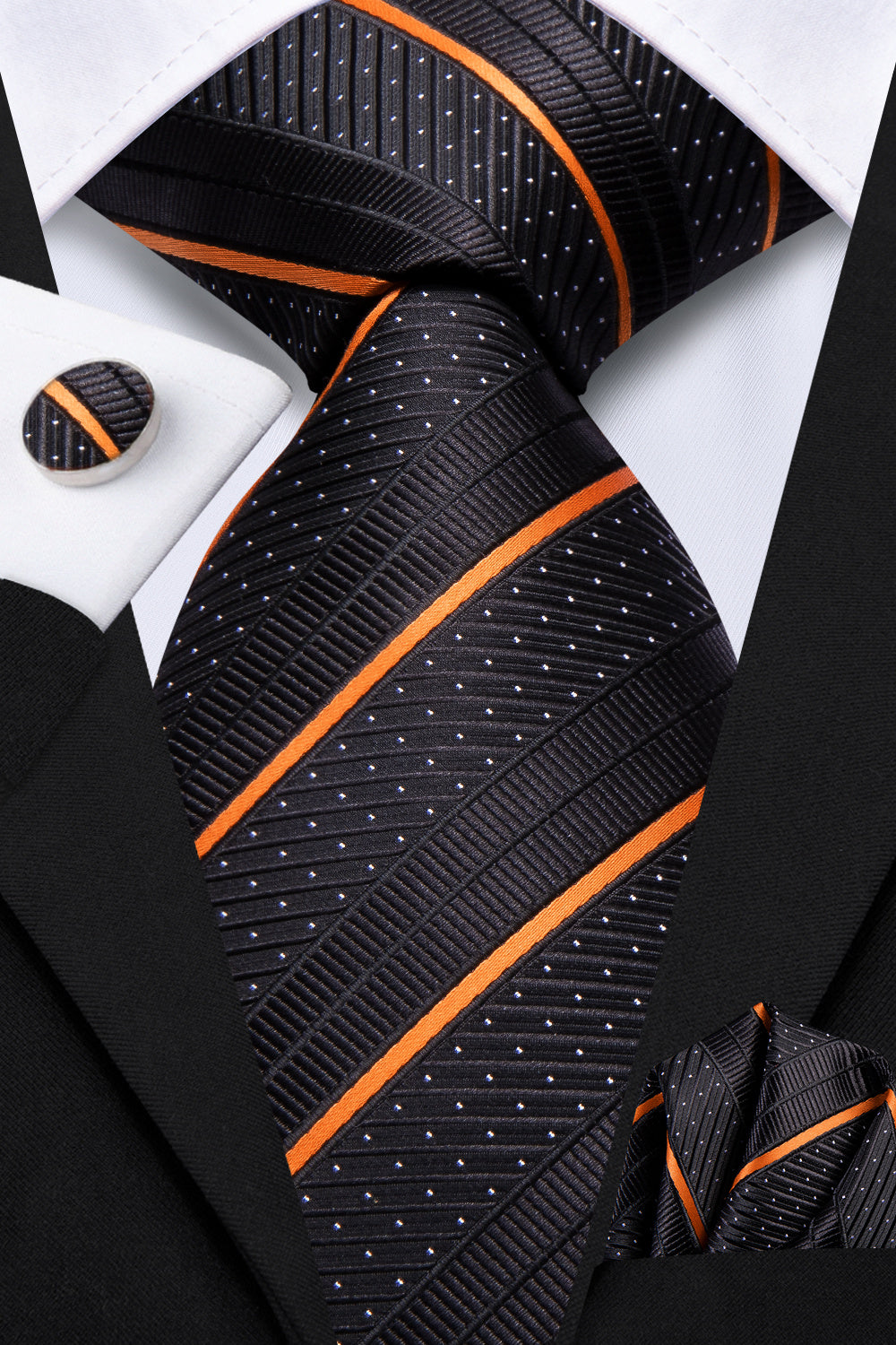 GentCrest Black Striped Tie Hanky Cufflinks Set - Image 2
