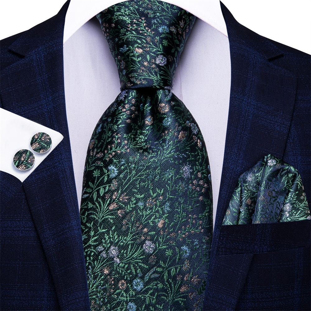 Navy & Emerald Green Floral Silk Tie Set - GentCrest