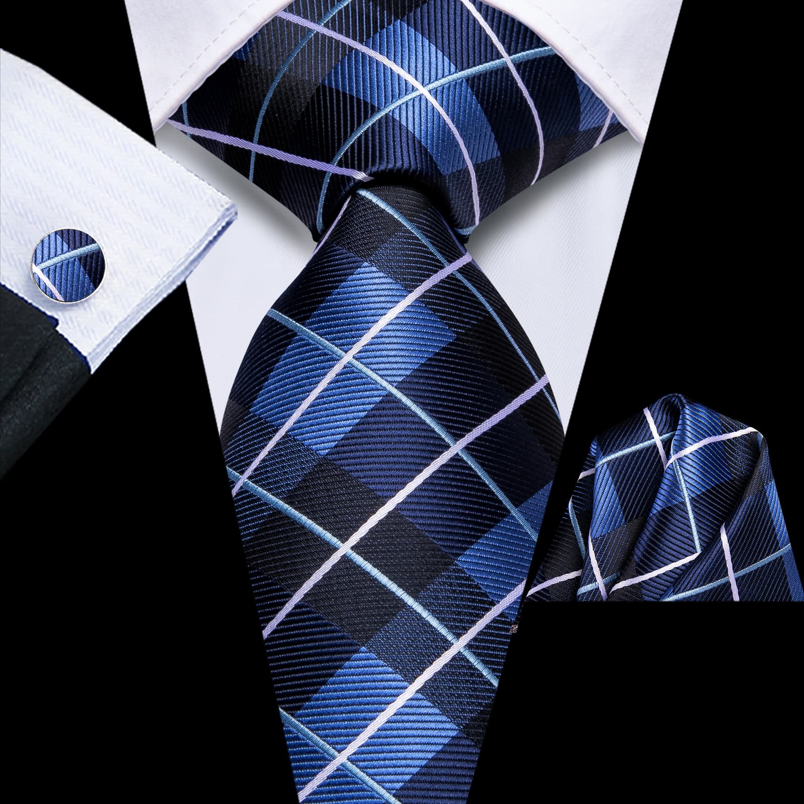 GentCrest Blue Plaid Tie Hanky Cufflinks Set - Image 1