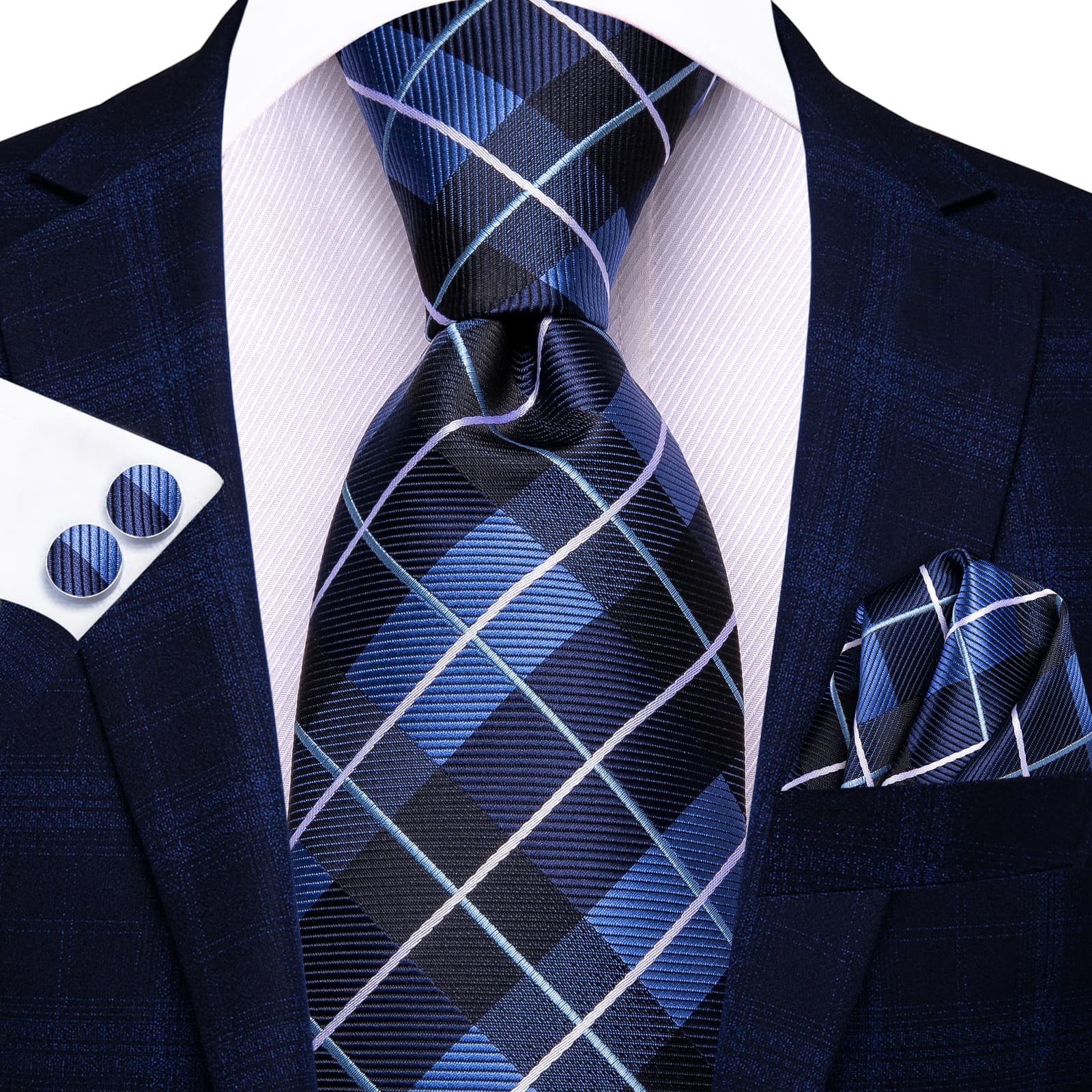 GentCrest Blue Plaid Tie Hanky Cufflinks Set - Image 2