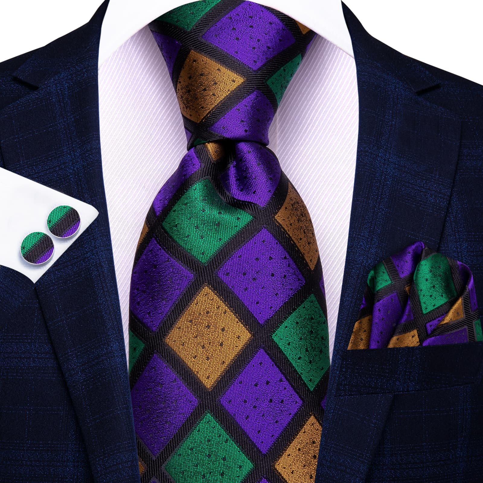GentCrest Green Plaid Tie Hanky Cufflinks Set - Image 2
