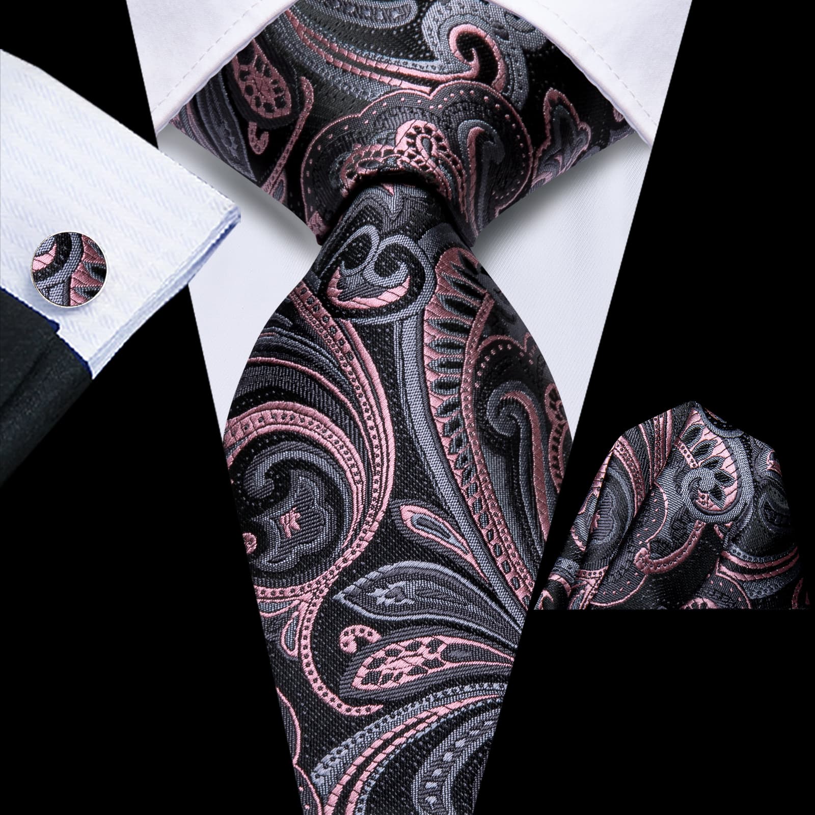 GentCrest Black Paisley Tie Hanky Cufflinks Set - Image 1