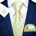 Yellow & Light Blue Polka Dot Silk with Pocket Square and Cufflinks Silk Tie Set - GentCrest