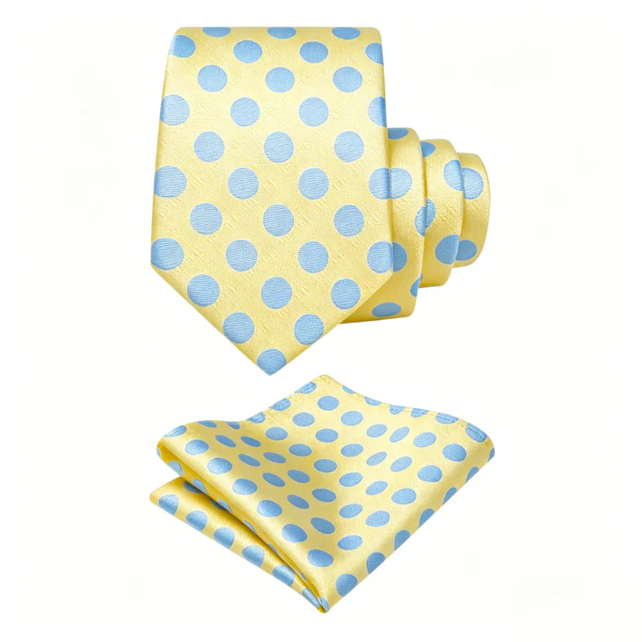 Yellow & Light Blue Polka Dot Silk with Pocket Square and Cufflinks Silk Tie Set - GentCrest - View 2