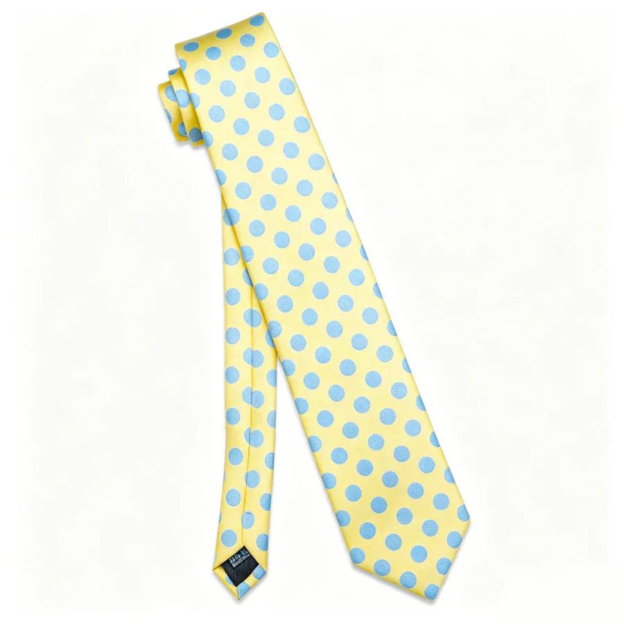 Yellow & Light Blue Polka Dot Silk with Pocket Square and Cufflinks Silk Tie Set - GentCrest - View 3