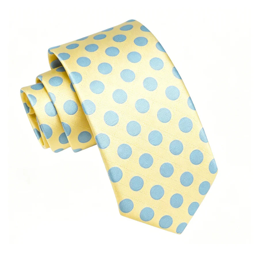 Yellow & Light Blue Polka Dot Silk with Pocket Square and Cufflinks Silk Tie Set - GentCrest - View 5