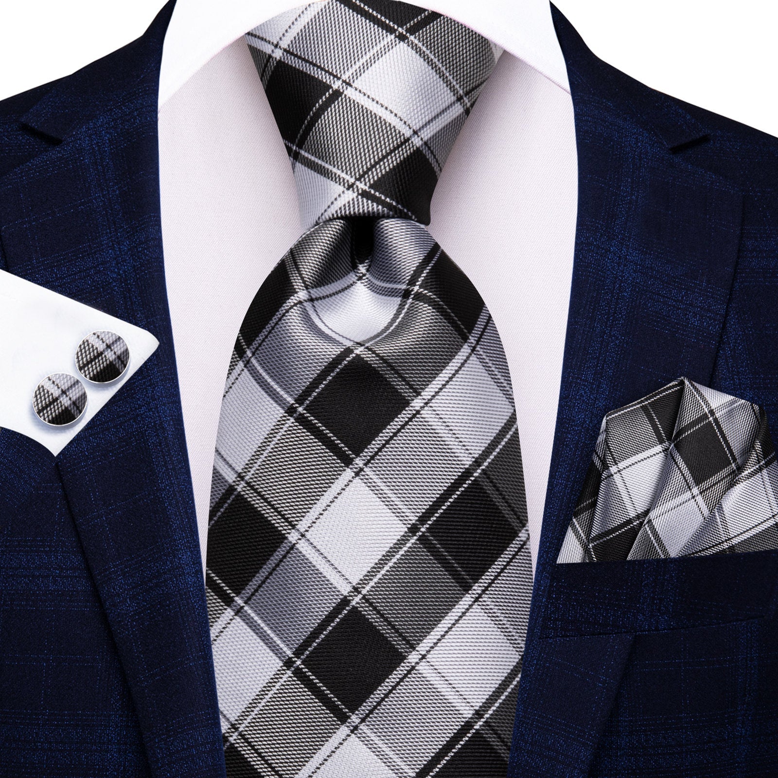 GentCrest Black Plaid Tie Hanky Cufflinks Set - Image 1