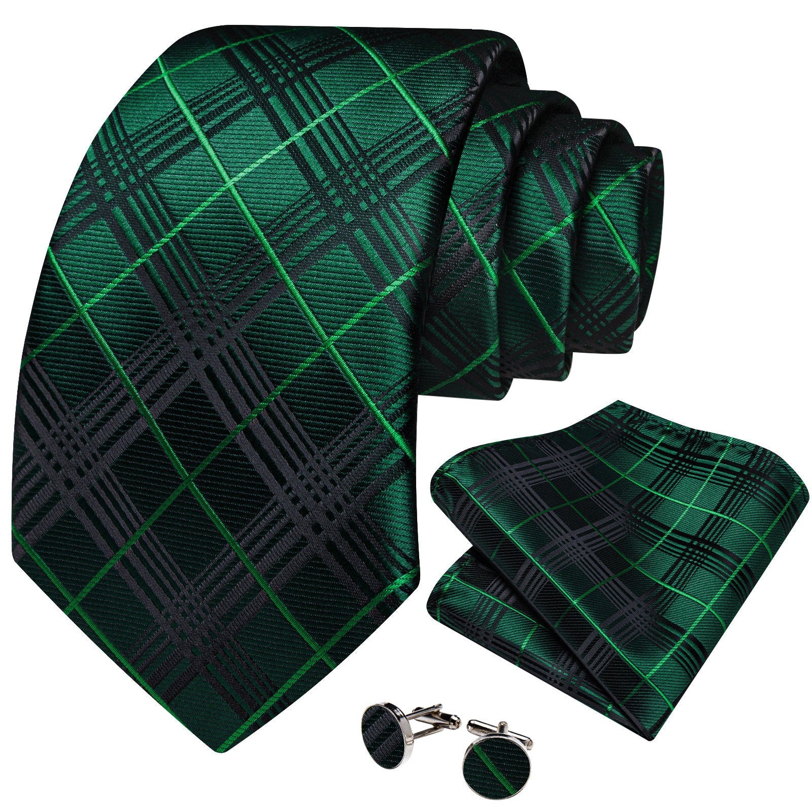 GentCrest Green Plaid Tie Hanky Cufflinks Set - Image 2