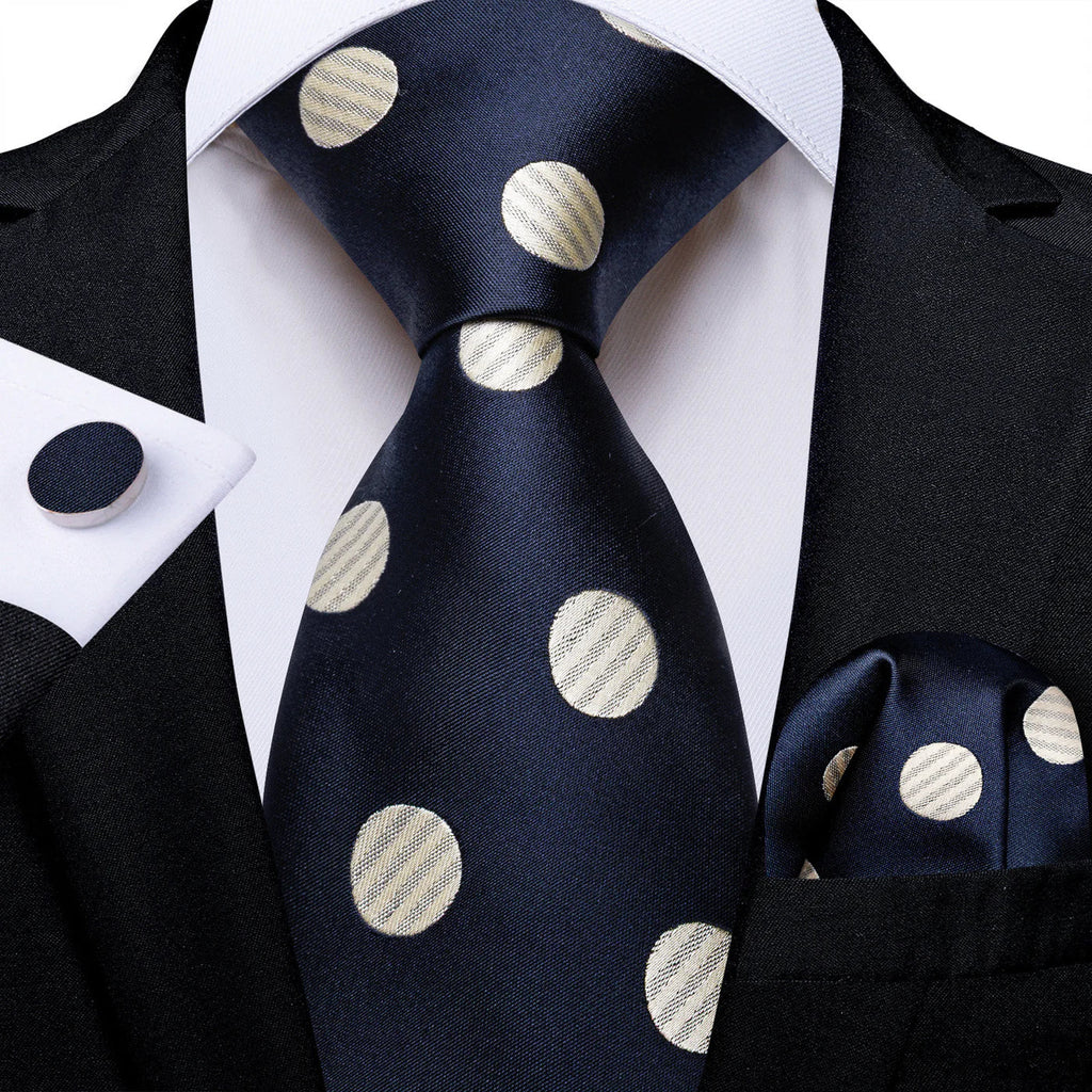 Navy Blue & Cream Polka Dot Silk with Pocket Square and Cufflinks Silk Tie Set - GentCrest