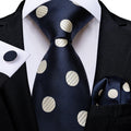 Navy Blue & Cream Polka Dot Silk with Pocket Square and Cufflinks Silk Tie Set - GentCrest