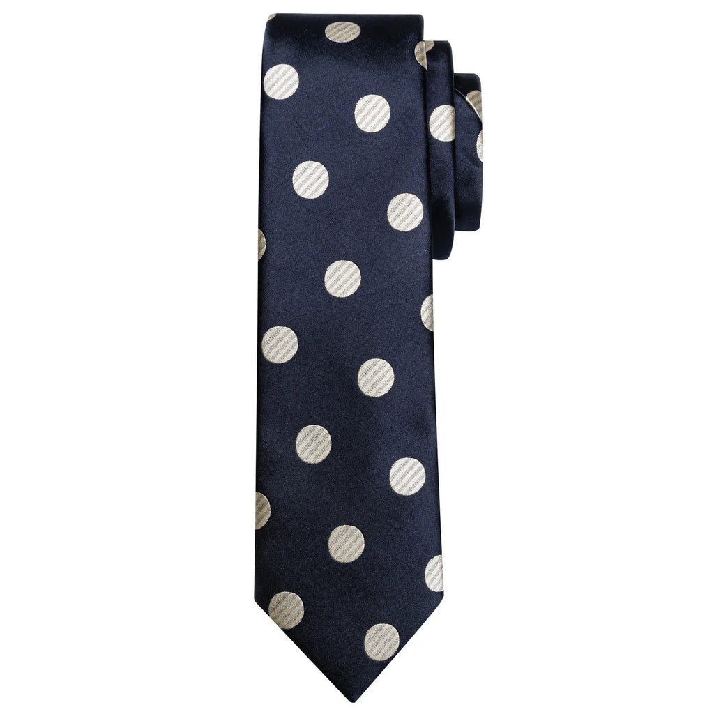 Navy Blue & Cream Polka Dot Silk with Pocket Square and Cufflinks Silk Tie Set - GentCrest - View 4