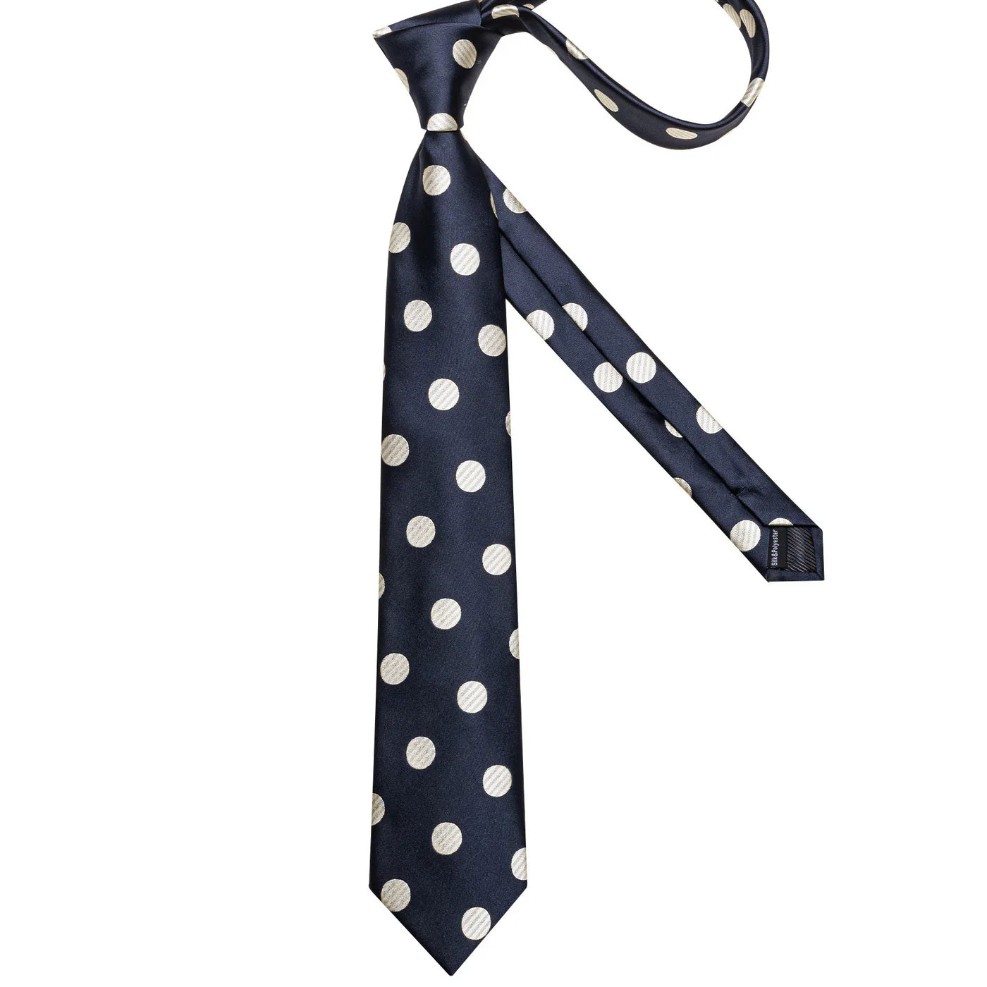 Navy Blue & Cream Polka Dot Silk with Pocket Square and Cufflinks Silk Tie Set - GentCrest - View 7