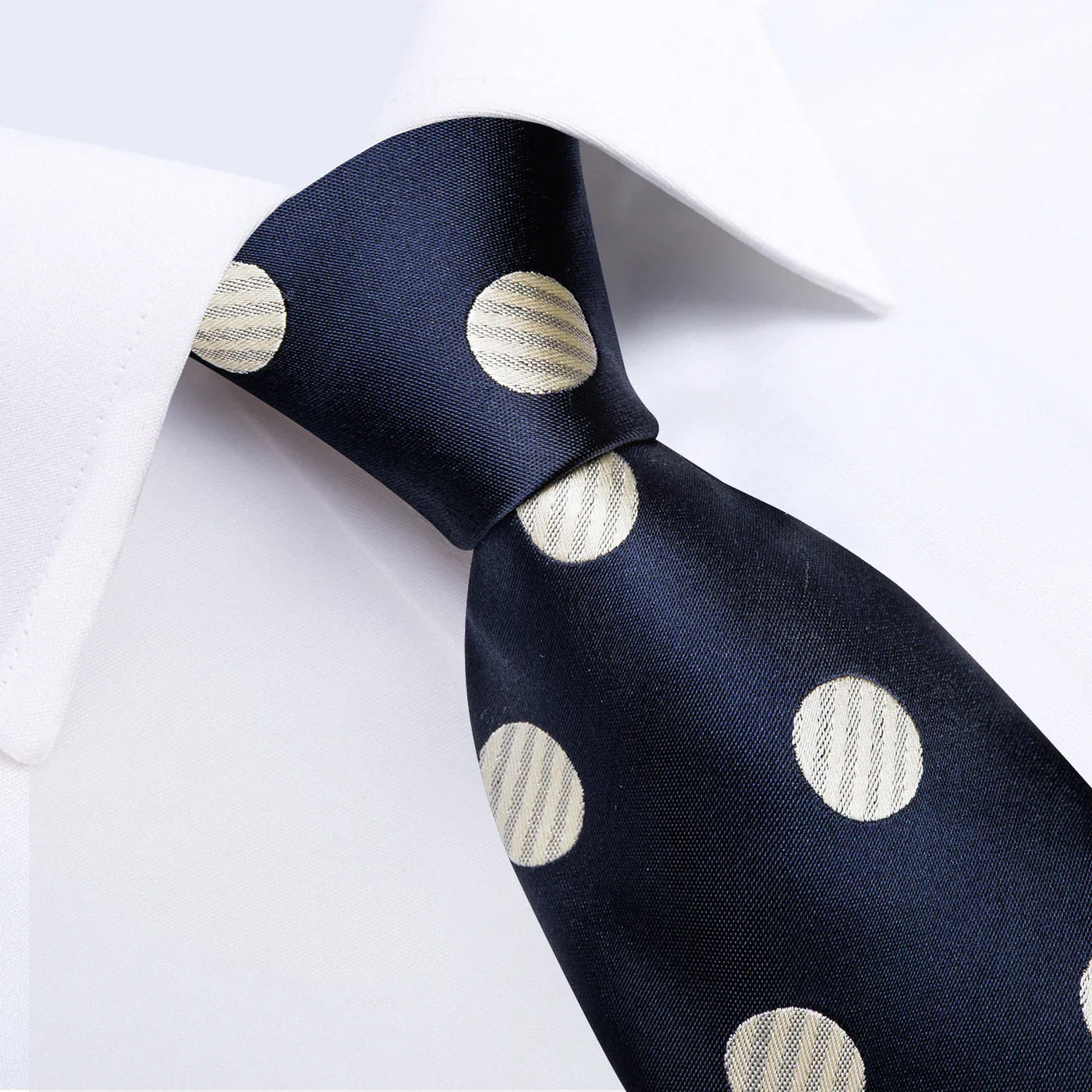 Navy Blue & Cream Polka Dot Silk with Pocket Square and Cufflinks Silk Tie Set - GentCrest - View 2