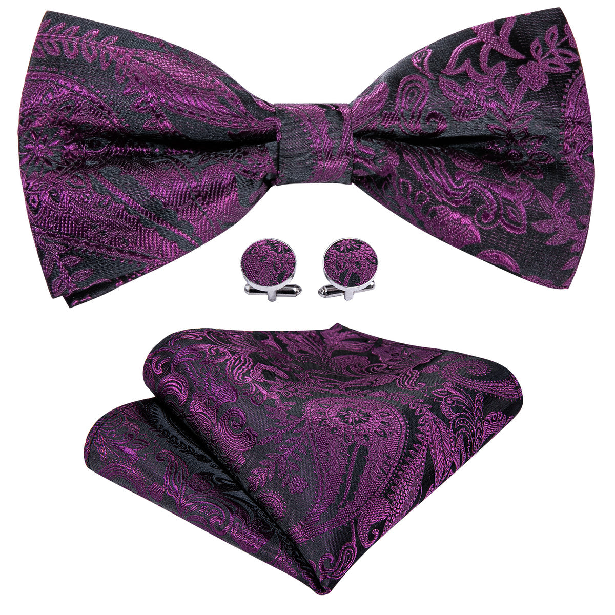 Purple Black Paisley Bow Tie Set - GentCrest