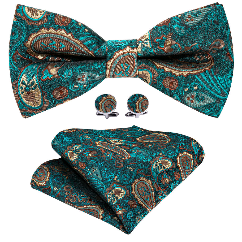 Teal Blue Paisley Bow Tie Set - GentCrest - View 3