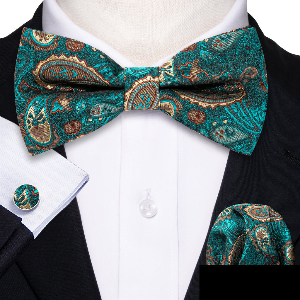 Teal Blue Paisley Bow Tie Set - GentCrest - View 5