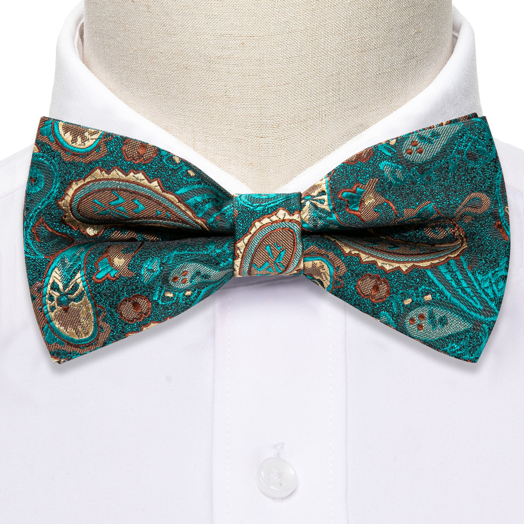 Teal Blue Paisley Bow Tie Set - GentCrest - View 4