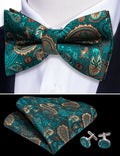 Teal Blue Paisley Bow Tie Set - GentCrest