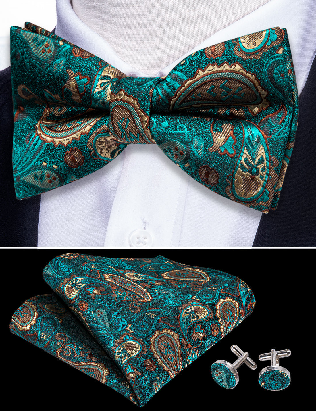 Teal Blue Paisley Bow Tie Set - GentCrest