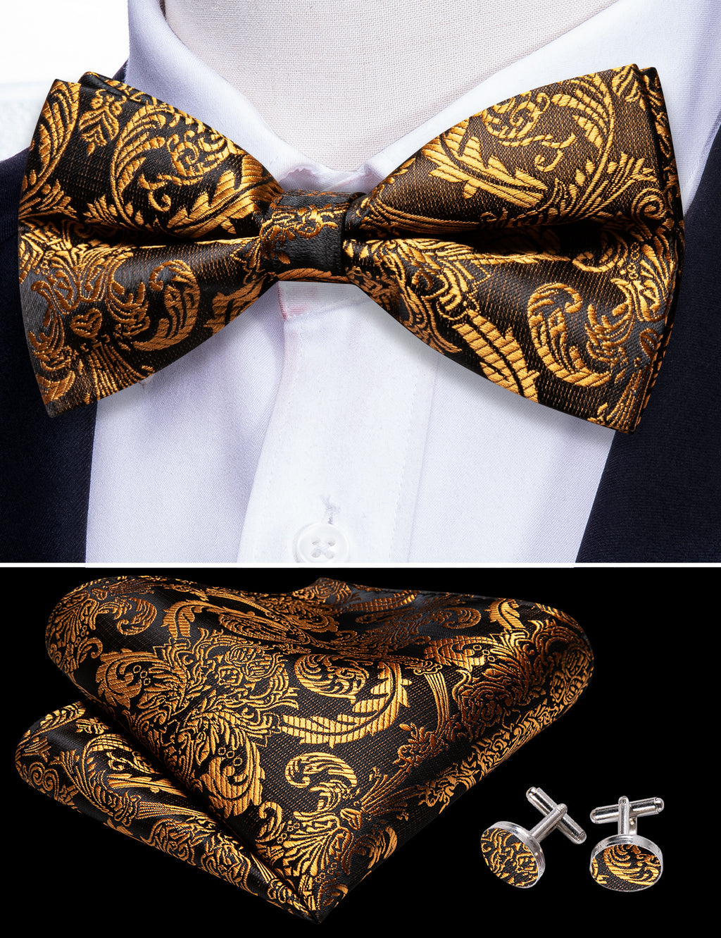Black and Gold Paisley Bow Tie Set - GentCrest - View 5