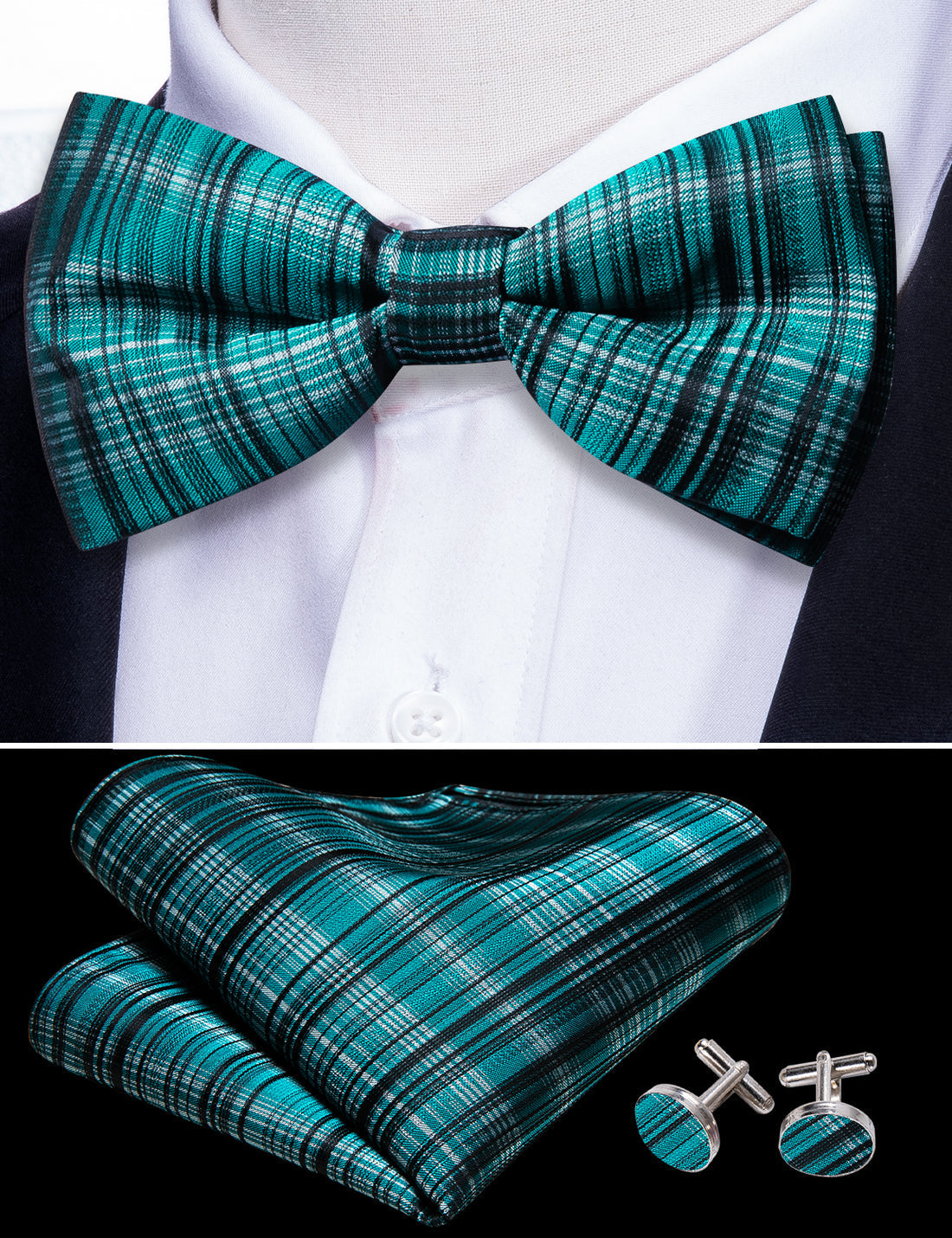 Blue White Striped Bow Tie Set - GentCrest - View 2
