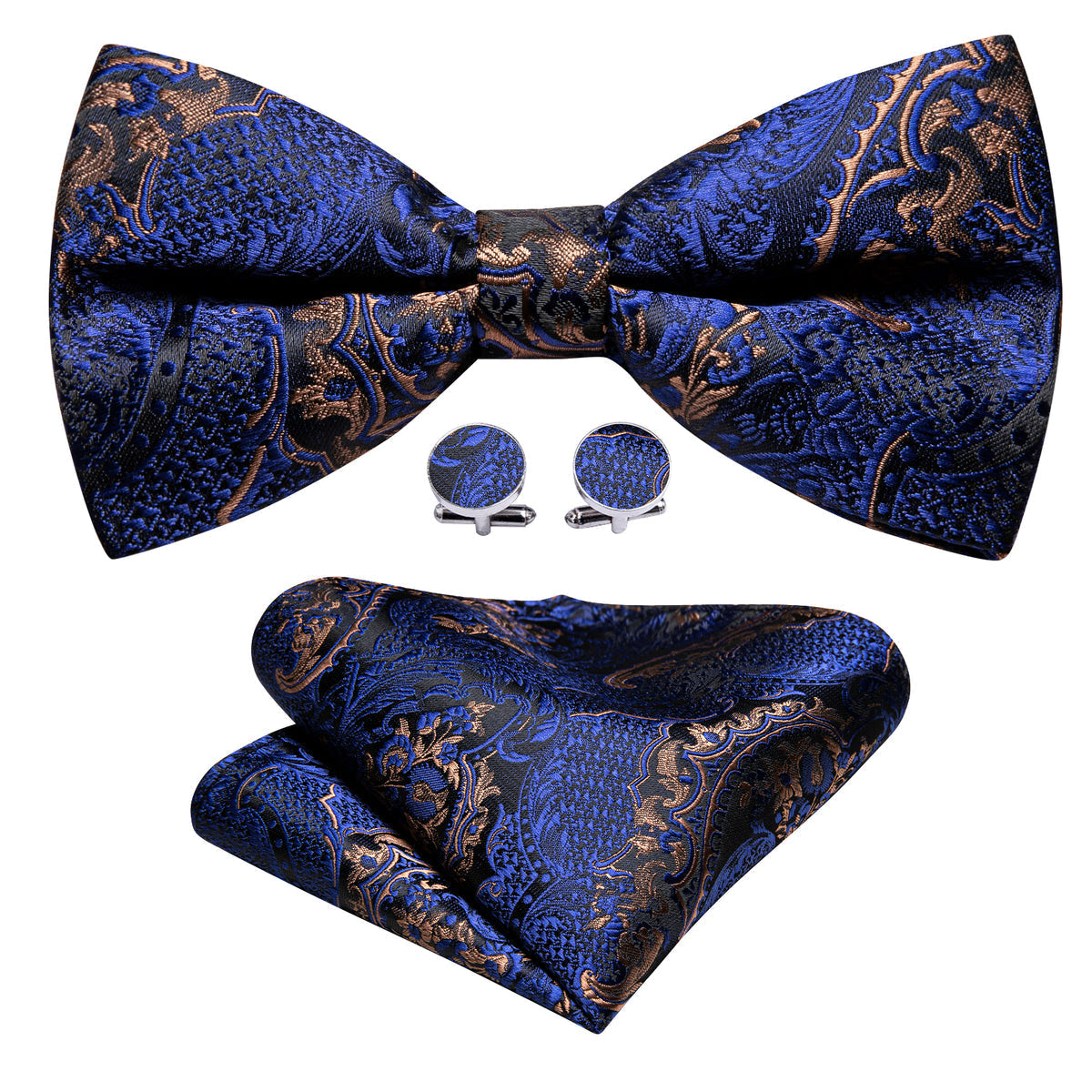 Blue Gold Paisley Bow Tie Set - GentCrest