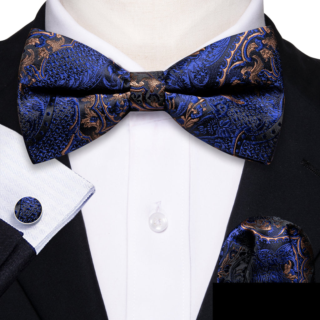 Blue Gold Paisley Bow Tie Set - GentCrest - View 2