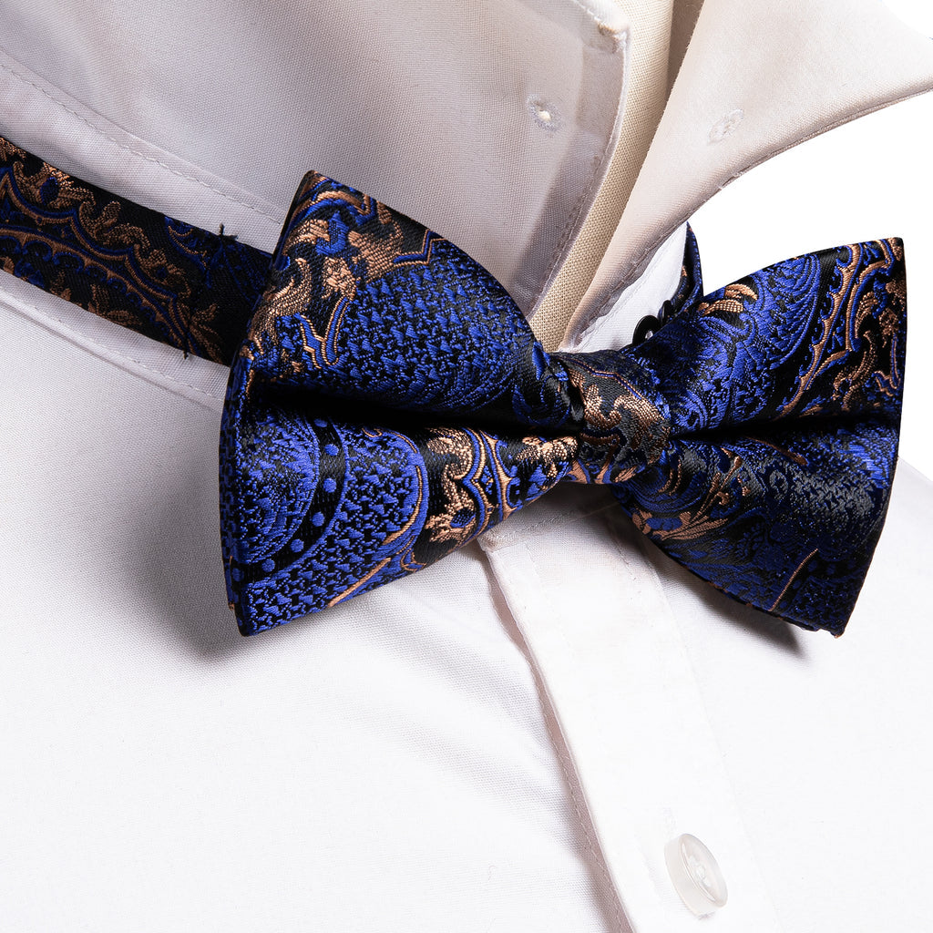 Blue Gold Paisley Bow Tie Set - GentCrest - View 6