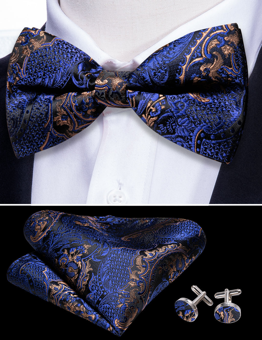 Blue Gold Paisley Bow Tie Set - GentCrest - View 3