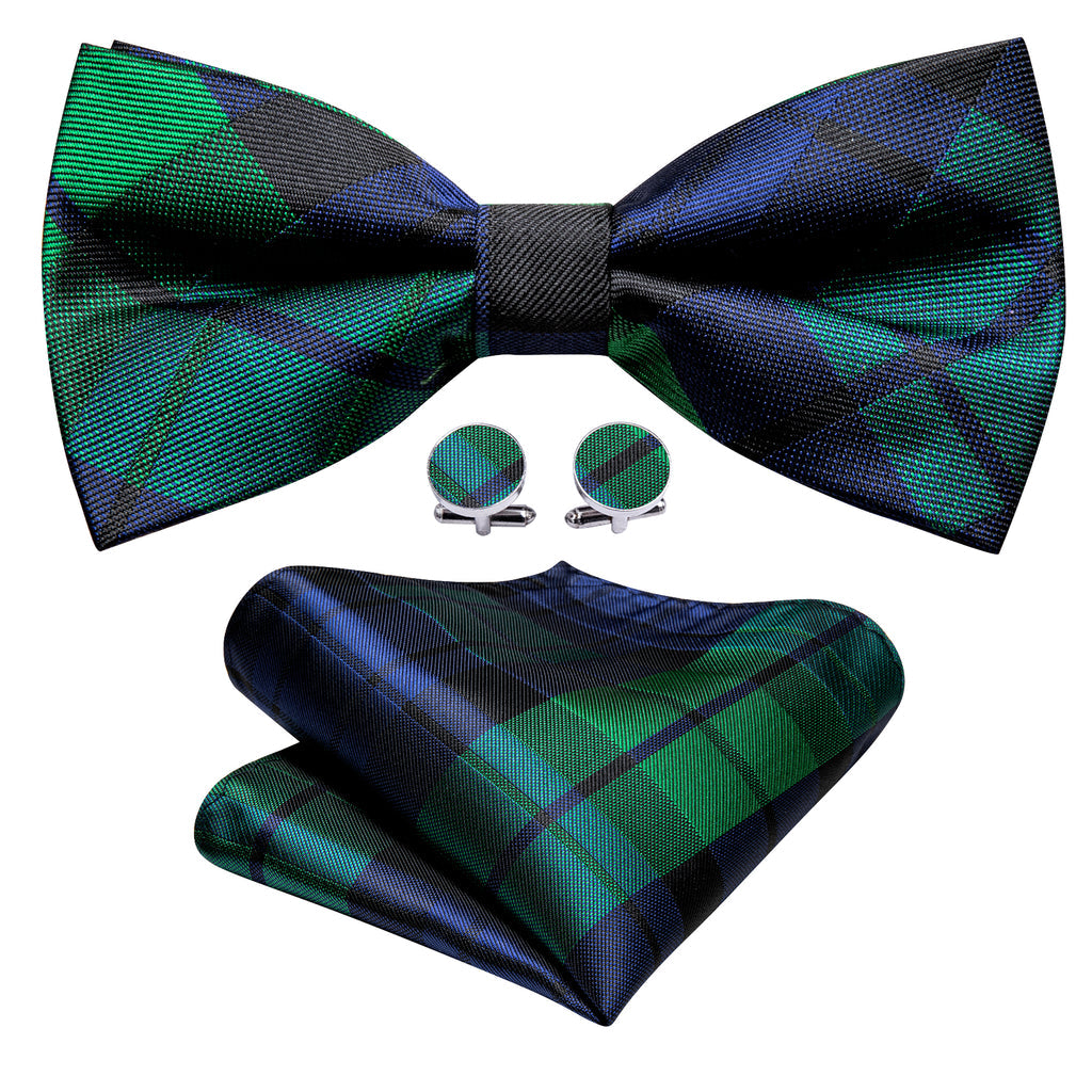 Blue Green Plaid Bow Tie Set - GentCrest - View 3