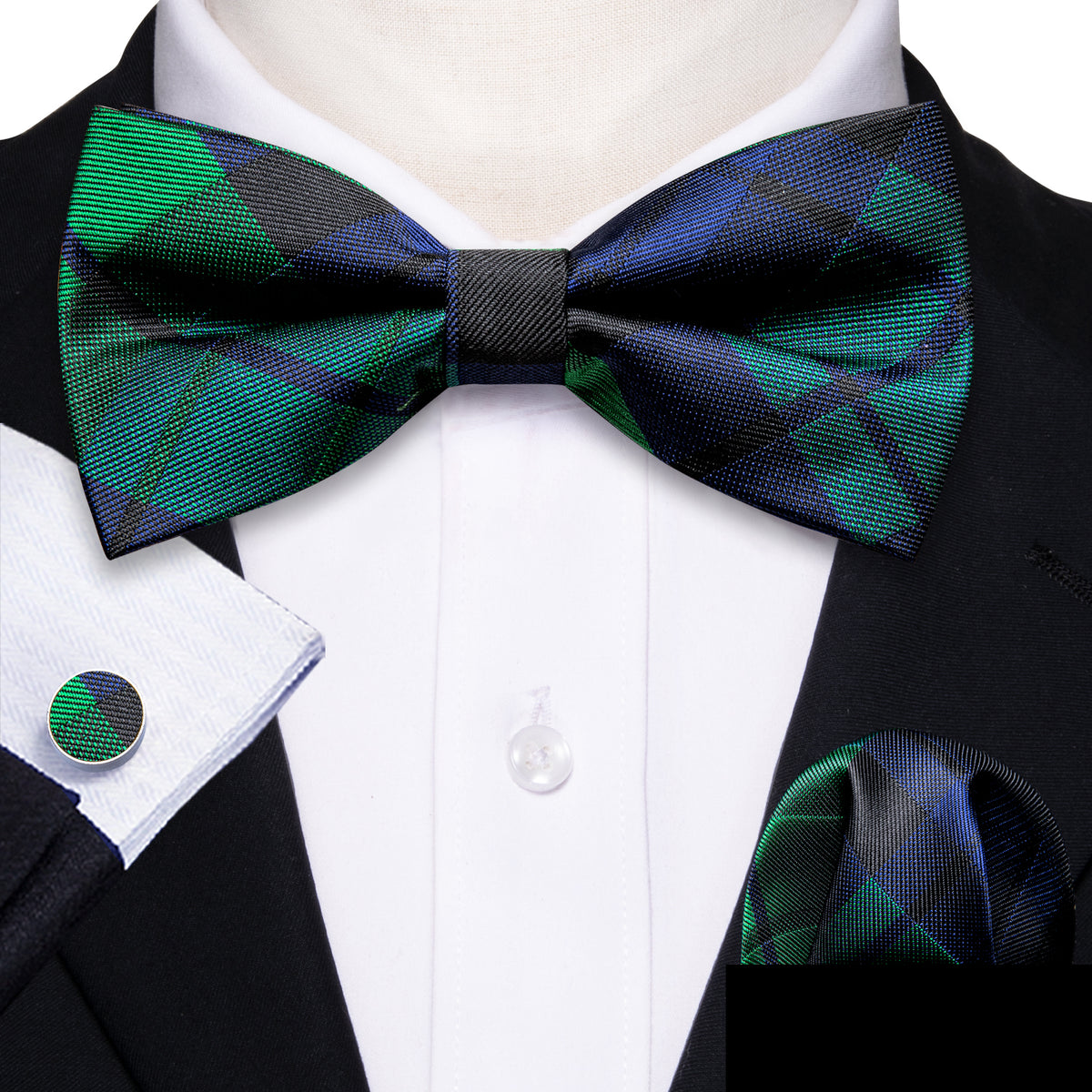 Blue Green Plaid Bow Tie Set - GentCrest