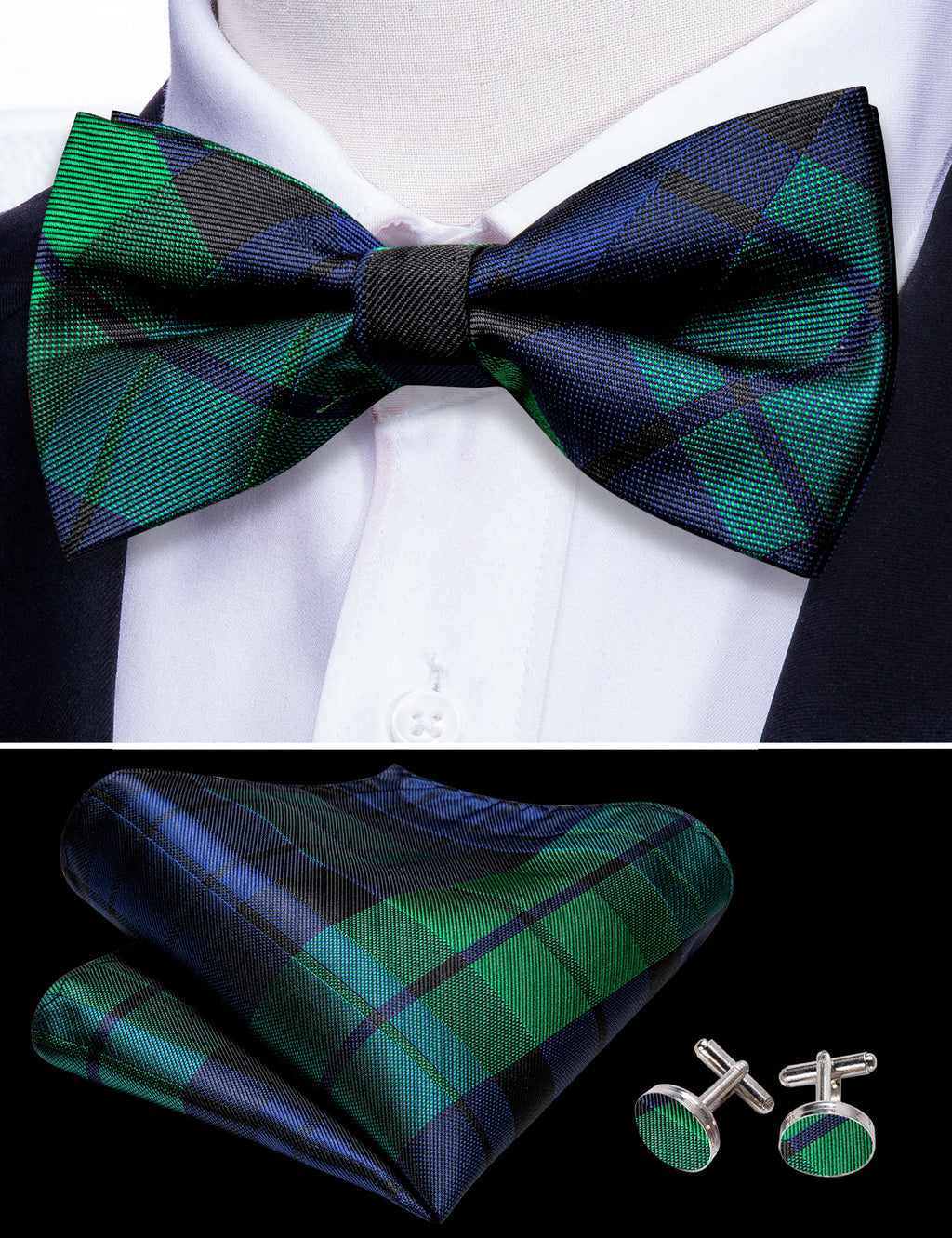Blue Green Plaid Bow Tie Set - GentCrest - View 2