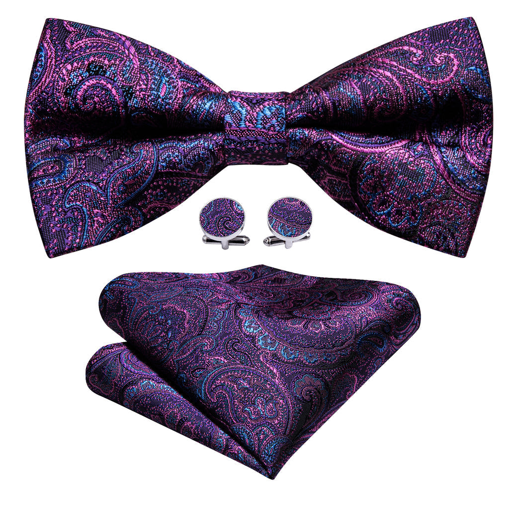Purple Royal Blue Paisley Bow Tie Set - GentCrest - View 3
