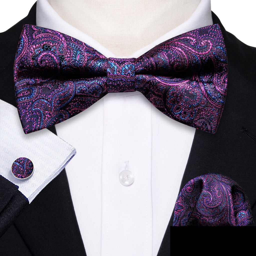 Purple Royal Blue Paisley Bow Tie Set - GentCrest