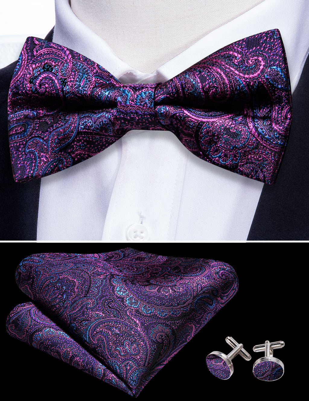 Purple Royal Blue Paisley Bow Tie Set - GentCrest - View 2