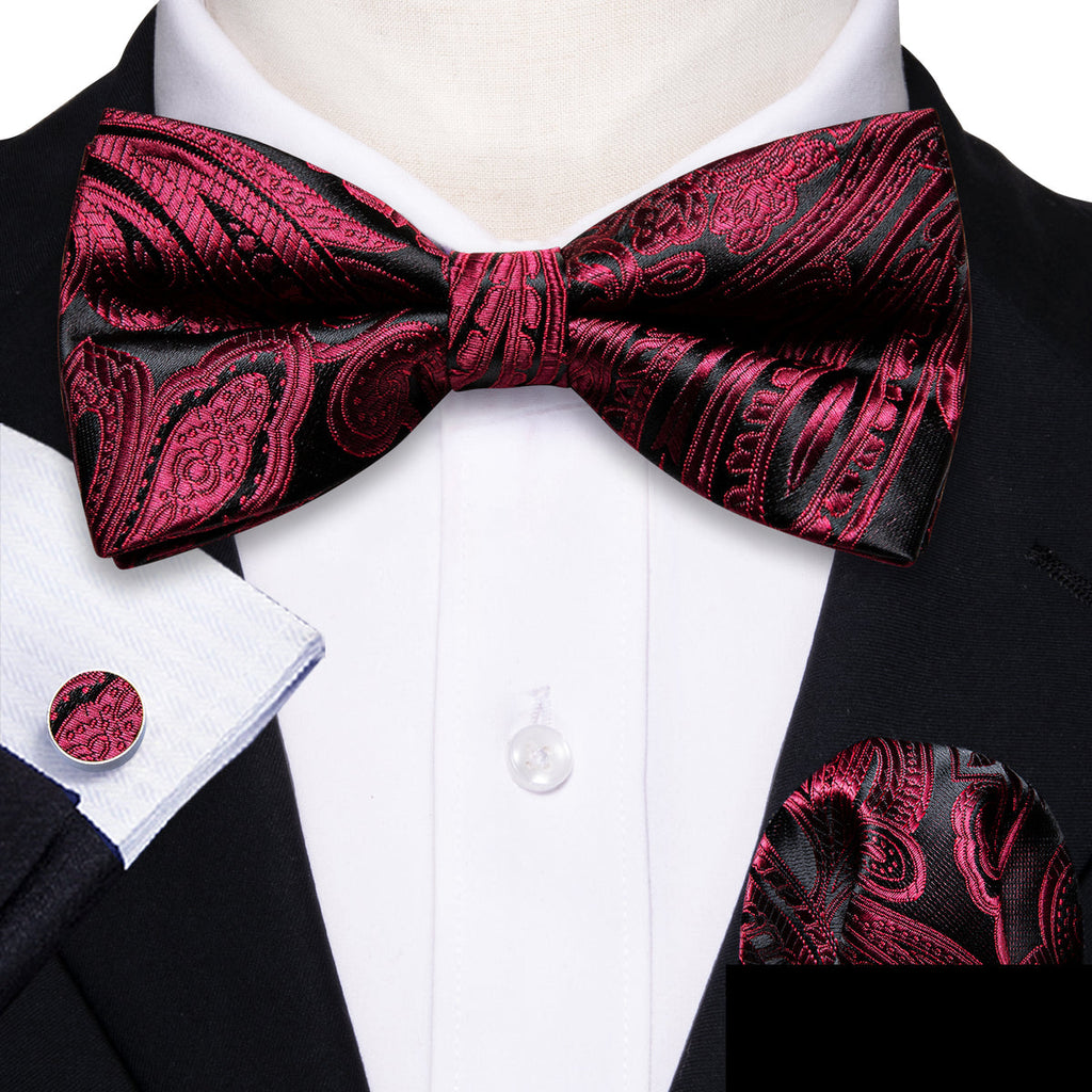 Red Black Paisley Bow Tie Set - GentCrest