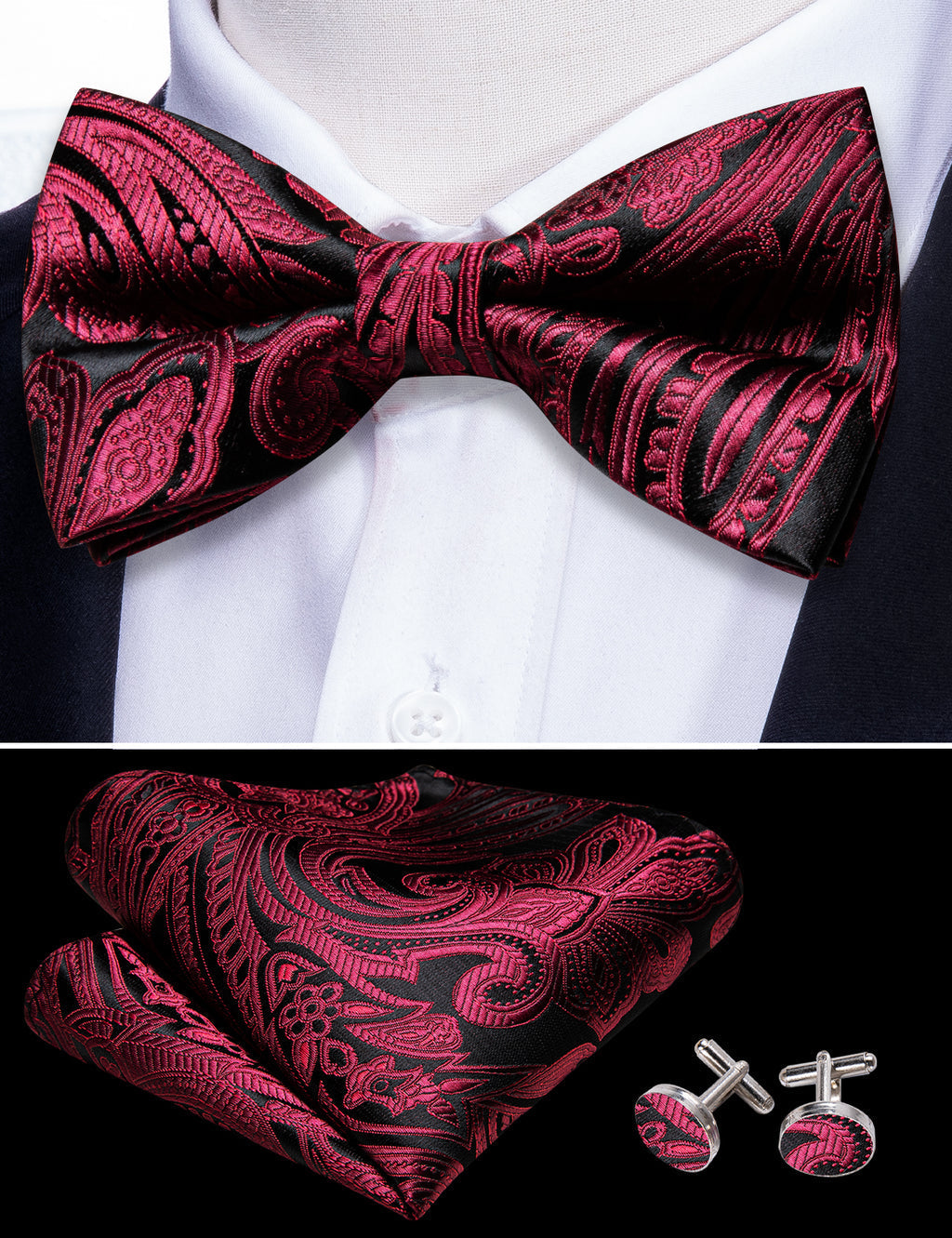 Red Black Paisley Bow Tie Set - GentCrest - View 2