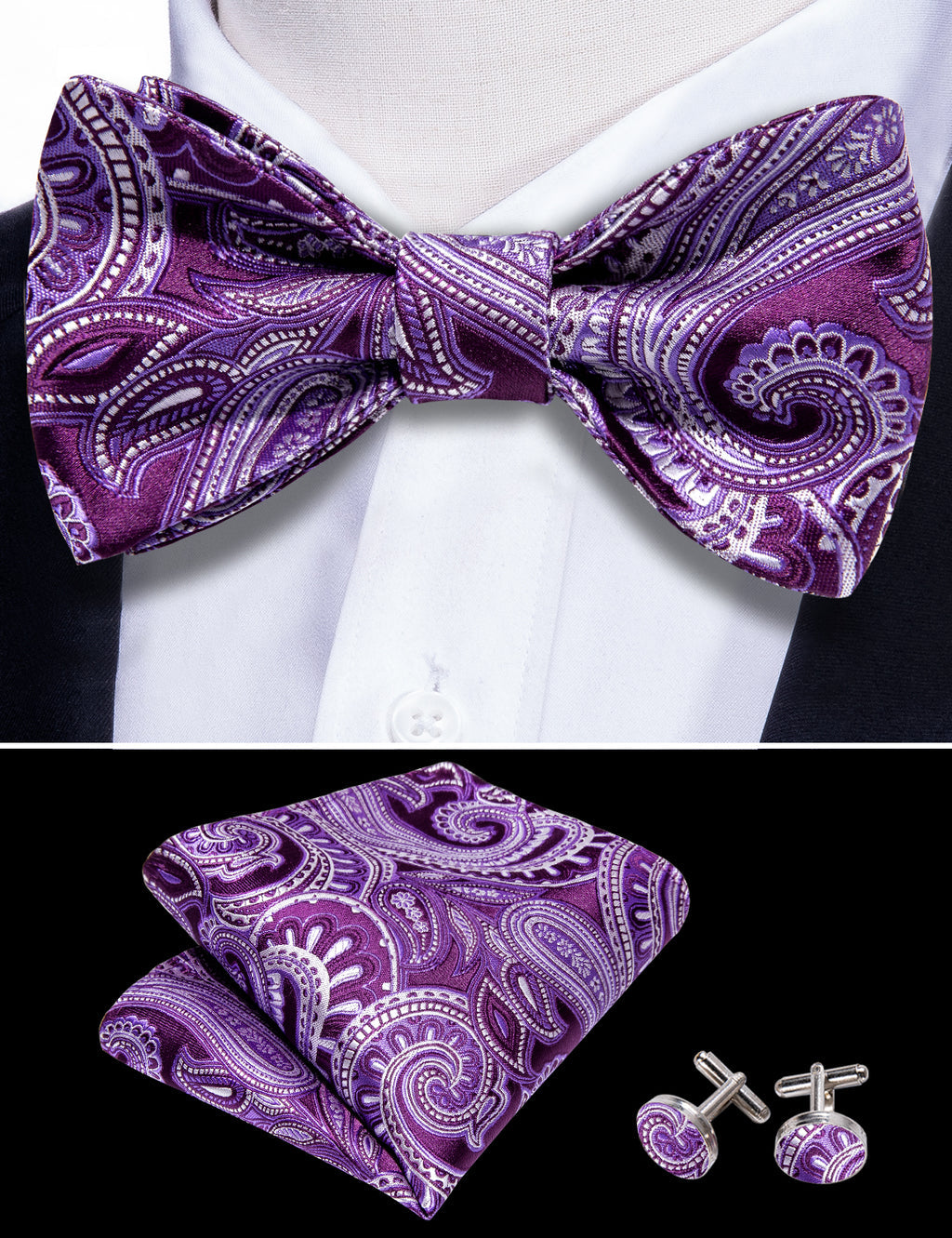 Purple Paisley Bow Tie Set - GentCrest - View 2