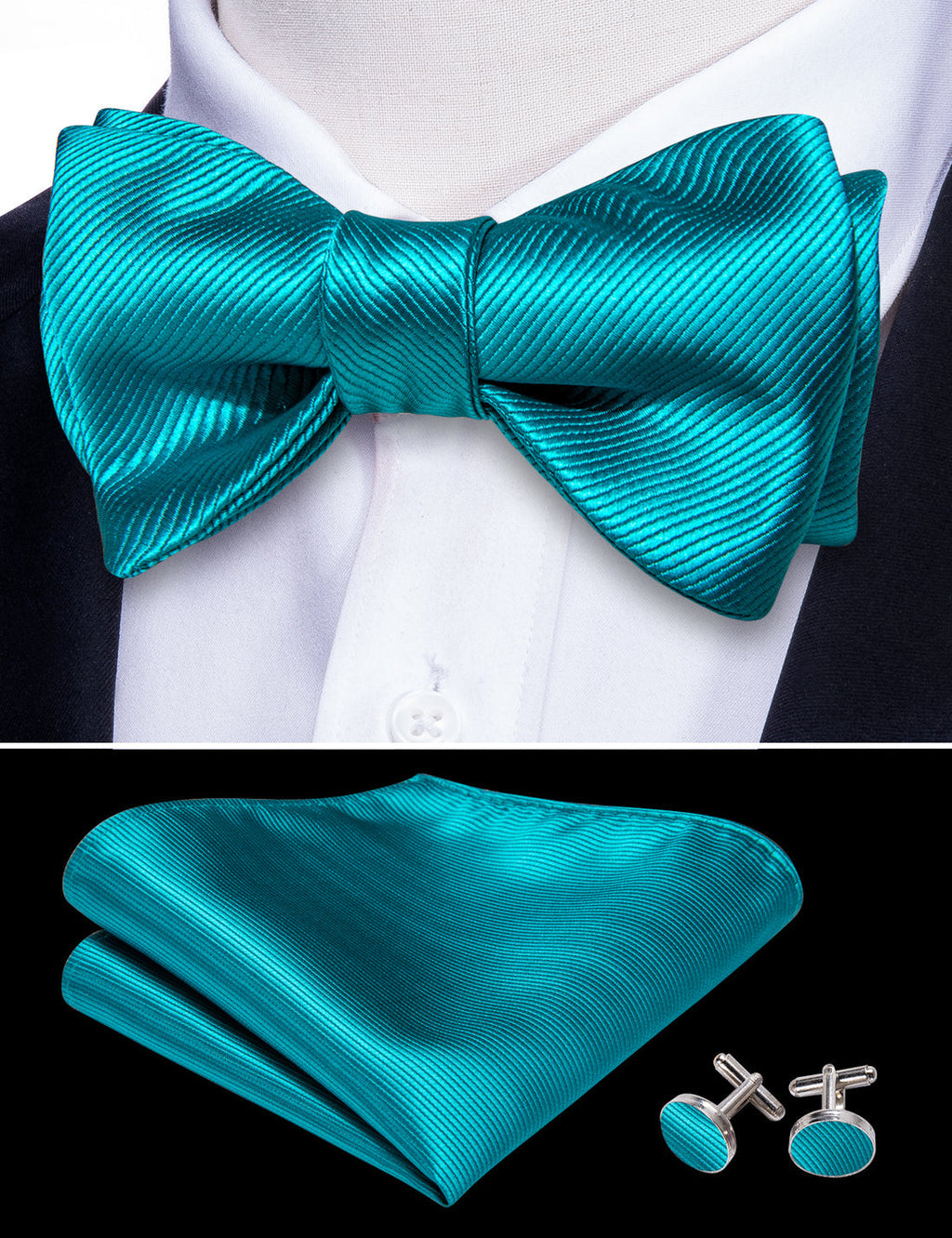 Blue Solid Bow Tie Set - GentCrest - View 3