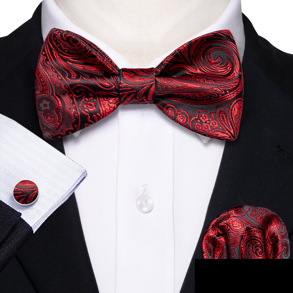 Black Red Paisley Bow Tie Set - GentCrest - View 2